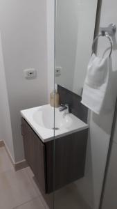 y baño con lavabo y ducha acristalada. en Apartaestudio Pereira, en Pereira