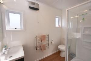 uma casa de banho com um WC, um lavatório e um chuveiro em Accommodation Fiordland The Bach - One Bedroom Cottage at 226B Milford Road em Te Anau