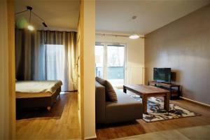 een woonkamer met een bed en een woonkamer met een bank bij Marina apartament in Wrocław
