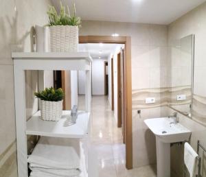 La salle de bains est pourvue d'un lavabo et d'un miroir. dans l'établissement Muro de los Navarros 26-Apartamentos, à Séville