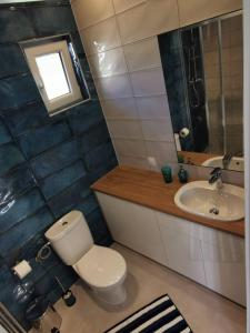 a bathroom with a toilet and a sink and a window at Komfortowy domek 4 strony świata in Jarosławiec