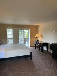 um quarto com uma cama, uma secretária e uma janela em The Olympia Lodge em Pacific Grove