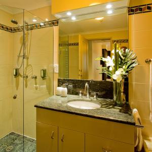 a bathroom with a sink and a shower at Darling Harbour Getaway in Sydney