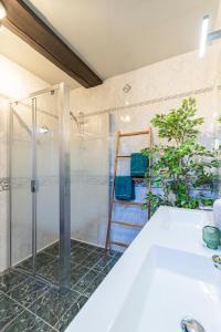 a bathroom with a shower and a sink at Au Petit Dragon in Mons