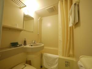 a small bathroom with a sink and a toilet at Hotel Route-Inn Obihiro Ekimae in Obihiro