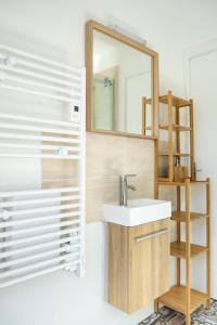 een badkamer met een wastafel en een spiegel bij Le Relais De La Ravine in Vernon