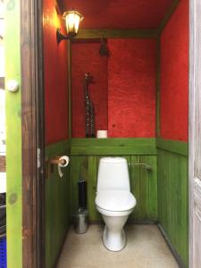 a toilet in a bathroom with red and green walls at Camping Zanzibāra in Ķekava