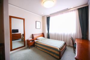 a bedroom with a bed and a desk and a mirror at Hotel Marital Sousei Kurume in Kurume