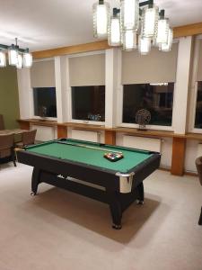 a room with a pool table in a room with windows at Haus Sonnblick in Braunlage