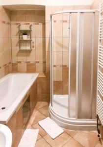 La salle de bains est pourvue d'une douche et d'une baignoire. dans l'établissement Karlova 22 - Old Town Apartment, à Prague