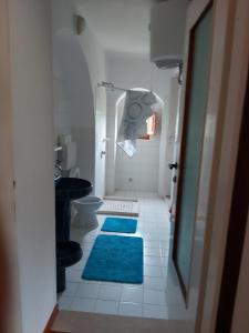 - une salle de bains avec 2 tapis bleus au sol dans l'établissement Casa colonica di campagna come era una volta, à Peschici