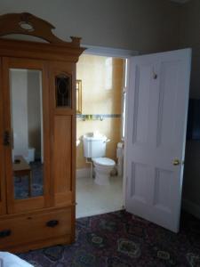 a bathroom with a toilet and a wooden cabinet at Wentvale in Knottingly