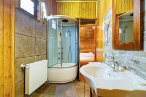 un baño con ducha y lavabo en Casa Ivett, en Brasov 32 fotos más