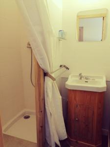 a bathroom with a sink and a shower curtain at File dans ta chambre ! in Le Monastier sur Gazeille