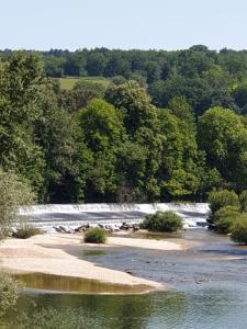 een rivier met een waterval voor de bomen bij Chambre D´hôtes Léonie & Restaurant in Druillat