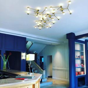 una lámpara de araña colgando del techo de una habitación en Hotel d'Angleterre, en Châlons-en-Champagne