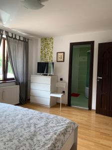 a bedroom with a bed and a dresser with a television at Casa Bergwald in Râşnov
