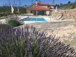 una casa con piscina y flores púrpuras en Quinta BEMBOA Turismo Espaço Rural, en Aricera