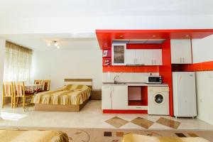 a living room with a bed and a kitchen with a kitchen at Orchideia Studios in Sandanski