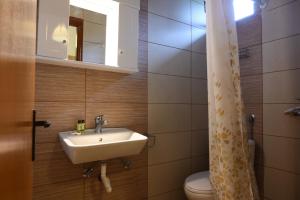 een badkamer met een wastafel, een toilet en een spiegel bij Hotel Geromichalos in Paralía Skotínis