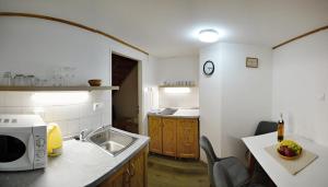a kitchen with a sink and a microwave at Penzión Jozef a apartmány in Demanovska Dolina +42 photos