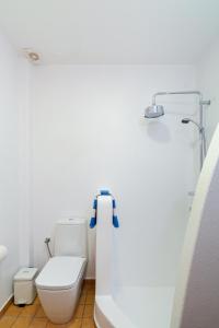 a white bathroom with a toilet and a shower at Notos Apartments Xerokambos 2 in Xerokampos