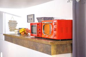 un four micro-ondes orange assis sur un comptoir dans une cuisine dans l'établissement Studio classé et label "Gîte de France" 5min centre, 15min gare, Lit Queen Size "CLIMATISATION, NETFLIX et WIFI, parking, lave vaisselle, boite a clés pour arrivée tardive - Gîtes La Tarine, à Pallud