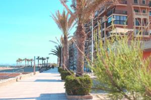 a sidewalk with palm trees in front of a building at Sea You Apartamentos Valencia Port Saplaya in Port Saplaya