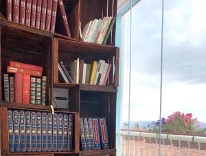 Ein mit Büchern gefülltes Bücherregal neben einem Fenster in der Unterkunft Canduleri in Orgosolo