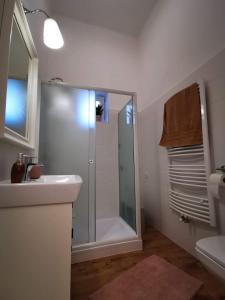 een badkamer met een douche, een wastafel en een toilet bij GOLD 2 Apartman in Sopron