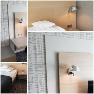 un collage de fotos de una habitación de hotel con cama y espejo en Hotel Scholz, en Aalen 52 fotos más