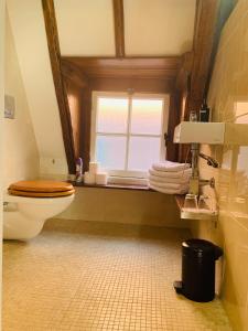 a bathroom with a toilet and a window at Amsterdam Central Guest House in Amsterdam