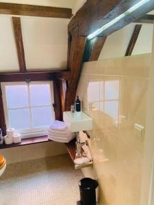 a bathroom with a sink and a shower with a window at Amsterdam Central Guest House in Amsterdam