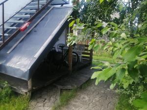 una casa con techo azul y escalera en Ostoja, en Białowieża