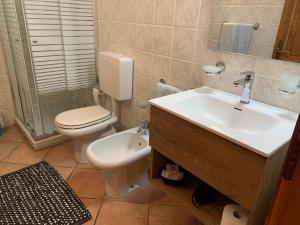 a bathroom with a toilet and a sink and a shower at Appartamenti da Clara in La Thuile