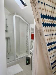 ein Bad mit einer Dusche und einer ebenerdigen Dusche in der Unterkunft La Villégiature in Vichy