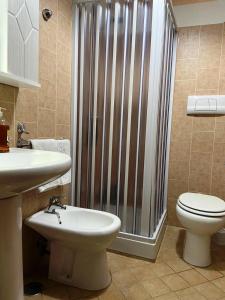 uma casa de banho com um chuveiro, um WC e um lavatório. em Soleado Apartments Caprioli-Palinuro em Palinuro