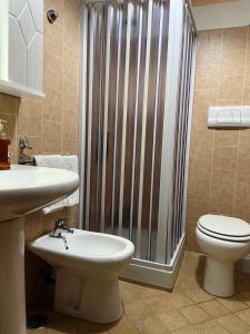 un bagno con doccia, WC e lavandino di Soleado Apartments Caprioli-Palinuro a Palinuro Altre 33 foto