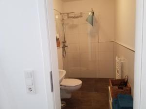 uma casa de banho com um WC e um chuveiro em Heimathaven 3 em Bremerhaven