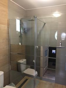 a bathroom with a glass shower with a toilet at Bajkowy domek in Lubin