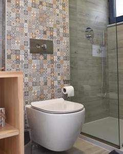 a bathroom with a white toilet and a shower at 4Bro Rooms Laerma Village in Láerma