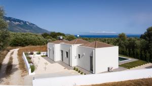 een luchtzicht op een huis met de oceaan op de achtergrond bij Villa Esther in Kefallonia