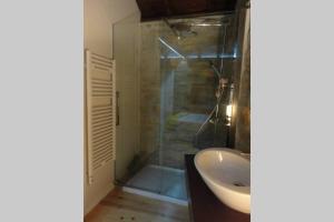 a bathroom with a glass shower and a sink at Casa do Palheiro in Miranda do Douro