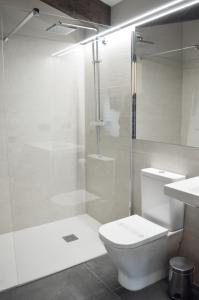 een badkamer met een douche, een toilet en een wastafel bij Hotel Els Avets in Camprodon