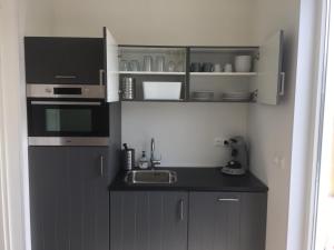 eine kleine Küche mit einer Spüle und einer Mikrowelle in der Unterkunft Luxury Lodge Veere in Veere