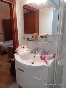 un lavabo con secador de pelo rosa. en LA CASA DI TERRY, en Bérgamo