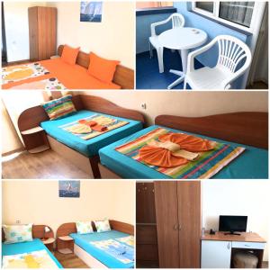 a collage of pictures of a room with a bed and a table at Ivanovi Guest House in Primorsko