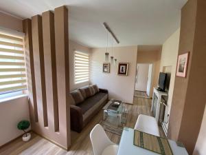 uma sala de estar com um sofá e uma mesa em Apartmani Rajin em Vršac