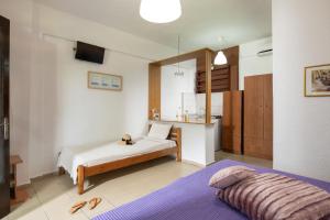Un dormitorio con una cama y una pequeña cocina. en Villa Hrisavgi, en Nikiti