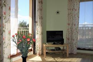 una sala de estar con TV y un jarrón de flores en Apartament Motyl en Władysławowo